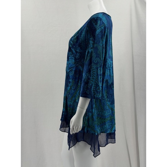One World Top Womens 1X Blue Green Paisley Velour Tunic Boho Hippie Stretch - Picture 4 of 10